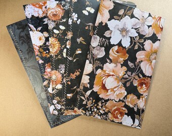 set of 5 mailing envelopes, botanical, peony, floral, rose, pearl sheen floral over black