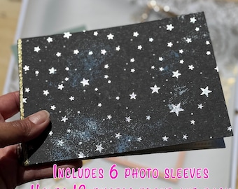 4x6 mini album, silver stars over black handmade paper, chipboard cereal box, thin, flexible