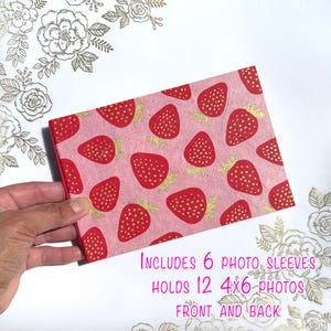 4 x 6 mini photo album, strawberries with gold stem, flat, thin, chipboard/cereal box, landscape