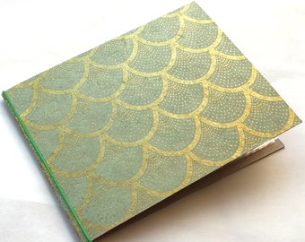 flat- thin chipboard/cereal box - 4 x 6 mini photo album - mermaid scales - sea foam green and gold