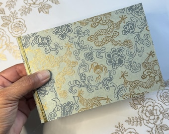 Handmade golden dragon with florals Mini Photo Album, 4x6 Landscape Holder, Upcycled Cereal Box