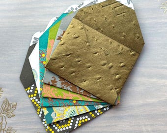 set of 6 mini envelopes, gold, brown, floral, green, yellow, teal, patterned handmade paper