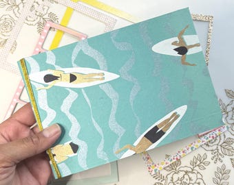 Handmade 4x6 Photo Album, Cereal Box Cover, Golden Surfers, Landscape (6 Photo Sleeves)