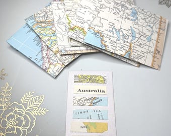 set of 6 mini envelopes, world map, embossed, Australia, Antwerp, Germany, Denmark