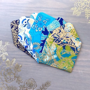 lot de 6 mini enveloppes, papier fait main à motifs bleu, ivoire, or, floral, citron vert, bleu roi
