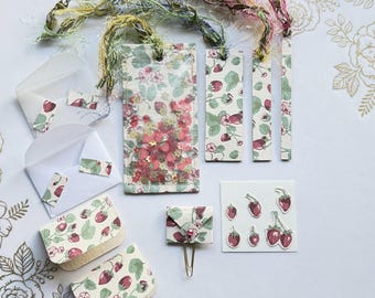 micro stationery set, wild strawberries, notecards, bookmarks, stickers, planner clip