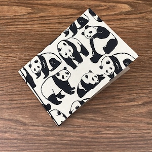 4 x 6 mini photo album - black and white - pandas over ivory handmade paper-flat- thin chipboard/cereal box