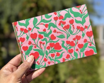 4x6 Mini Photo Album, Red Heart Flowers over Pink handmade paper, Landscape Memory Keeper