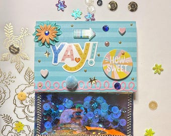 embellished gift card pouch, blue stripe, yay, iridescent