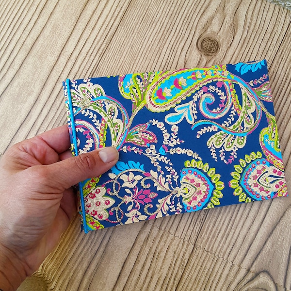 flat- thin chipboard/cereal box - landscape 4x6 mini photo album- paisley pattern with gold accents over navy blue paper