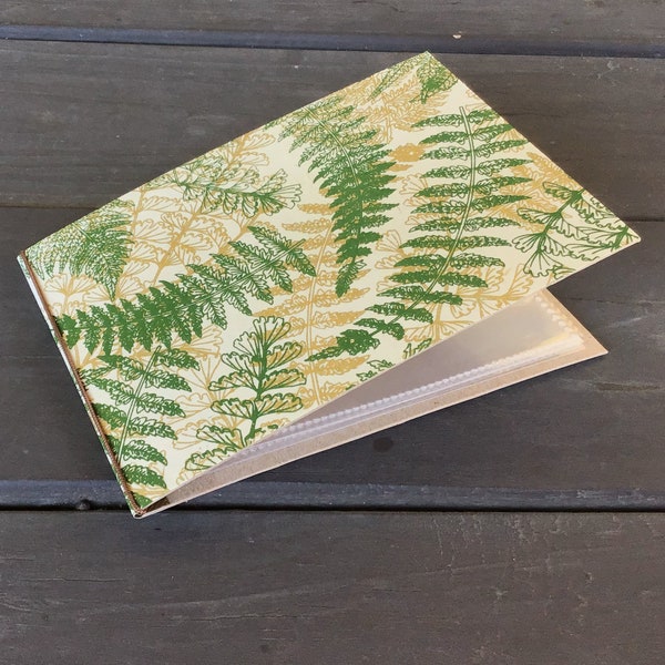 flat- thin chipboard/cereal box - 4 x 6 mini photo album - green and gold fern leaves over cream handmade paper