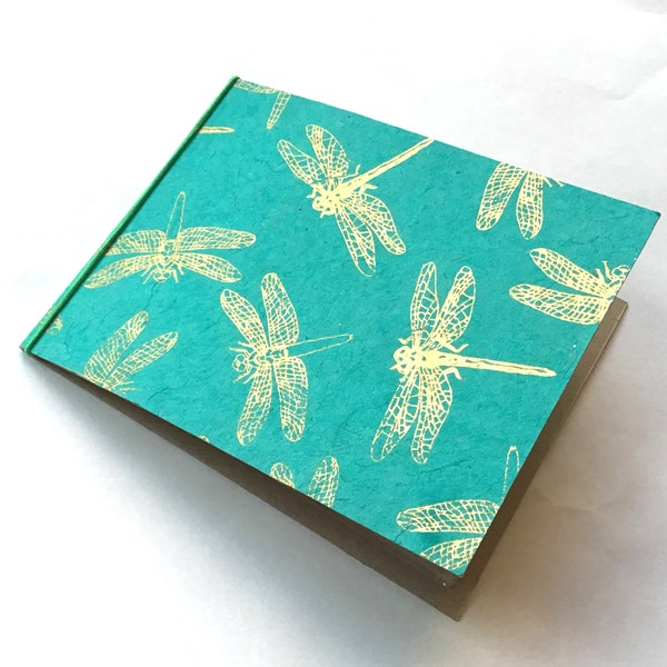 flat - thin chipboard/cereal box - 4 x 6 mini photo album - turquoise - golden dragonfly accents