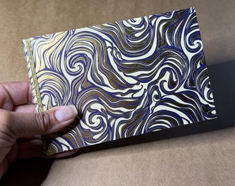 3x5 Mini Photo Album, Eggplant Gold Ivory Swirls Waves, Landscape Chipboard Album