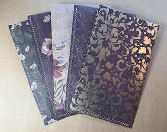 set of 5 mailing envelopes, botanical, peony, floral, blackberry burgundy background