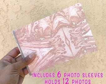 Handmade Mini Photo Album: light pink marbling with metallic silver accents (Holds 12 Photos)