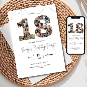 Modello minimalista di invito per il 18° compleanno, invito mobile per il 18° compleanno, invito per collage di foto, modello di modifica facile per il download digitale