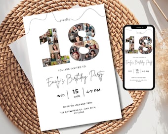 Plantilla minimalista de invitación para 18 cumpleaños, invitación móvil para 18 cumpleaños, invitación con collage de fotos, descarga digital, plantilla fácil de editar