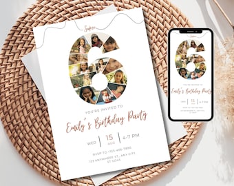 May include: A white invitation card with a brown border and a photo collage of a number six. The text on the card reads "You're invited to Emily's Birthday Party" with the date and time of the party. The card also includes an RSVP number and address.