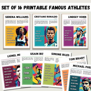 Może przedstawiać: Zestaw 16 drukowanych plakatów z wizerunkami znanych sportowców, w tym Sereny Williams, Cristiano Ronaldo, Lindsey Vonn, Lionela Messiego, Usaina Bolta, Simone Biles, Toma Brady'ego i Michaela Phelpsa. Każdy plakat zawiera kolorowy portret sportowca i inspirujący cytat.