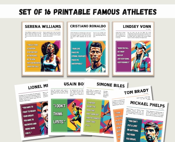 Set of 16 Printable Famous Athletes Posters, Famous Sports Person, Inspirational Posters, PE posters, Sports Role Models, Growth Mindset