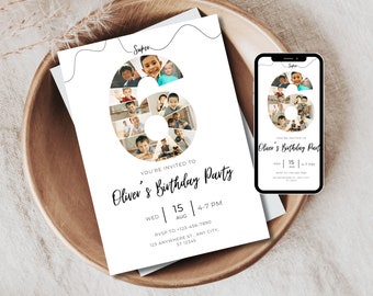 Invitación minimalista para sexto cumpleaños con collage de fotos y números. Plantilla editable e imprimible de Canva. Descarga instantánea.