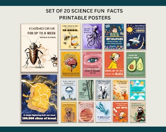 May include: Set of 20 printable science fun fact posters with colorful illustrations. The posters feature facts about cockroaches, bees, lightning, and more.