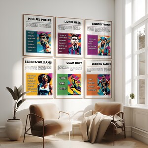 May include: Six motivational posters featuring famous athletes, each with a quote and a colorful portrait. The athletes featured are Michael Phelps, Lionel Messi, Lindsey Vonn, Serena Williams, Usain Bolt, and LeBron James.