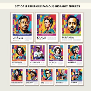 Conjunto de 12 figuras hispânicas famosas - pôsteres para impressão para decoração de sala de aula, quadro de avisos, mês da herança hispânica, mês da herança nacional