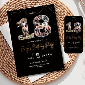 Plantilla de invitación de cumpleaños número 18, invitación de cumpleaños digital, invitación de fiesta minimalista, collage de fotos de 18 cumpleaños, descarga instantánea