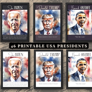46 United States Presidents Printable Watercolor Poster - Available in Plain and Colored Backgrounds, Digital Download