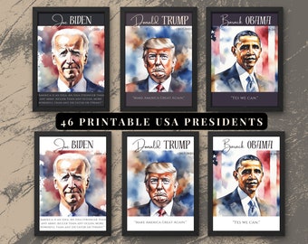 46 United States Presidents Printable Watercolor Poster - Available in Plain and Colored Backgrounds, Digital Download