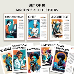 Set von 18 druckbaren Karrieren in Mathe und Mathematik im wirklichen Leben Poster für Pinnwand, Dekoration für Matheklassenzimmer, Mathewandkunst, digital
