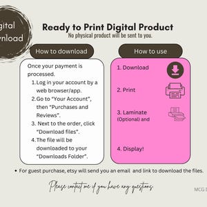May include: A pink and brown graphic with the text "Ready to Print Digital Product" and instructions on how to download and use the digital product. The text "No physical product will be sent to you." is also included.