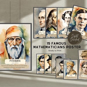 Printable Set of 15 Watercolor Theme Famous Mathematicians Posters Set 1 for Classroom Decor, Math Wall Art, Bulletin Board, Digital