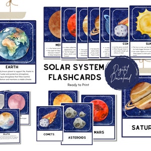 Tarjetas didácticas del sistema solar imprimibles, tarjetas didácticas de planetas, espacio de astronomía científica, recursos de aprendizaje Montessori para la educación en el hogar, niños, adultos