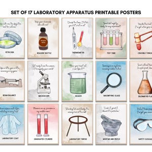 17 pôsteres de equipamentos de laboratório para impressão com frases de função cativantes, pôster de laboratório, decoração de sala de aula, pôster de ciências, química, STEM