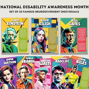 Set von 20 druckbaren Postern berühmte Person, die sich auf die Rolle der Menschen mit Gehirn, Dyslexie, Autismus, Menschen mit ADHD, Dyslexie ausdrucken möchten