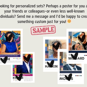May include: A collection of personalized poster samples. Each poster features a portrait with a name, colorful geometric designs, and text. The word "SAMPLE" is stamped across the top. The text reads "Looking for personalized sets?"