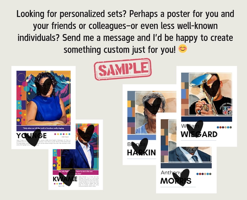 May include: A collection of personalized poster samples. Each poster features a portrait with a name, colorful geometric designs, and text. The word "SAMPLE" is stamped across the top. The text reads "Looking for personalized sets?"