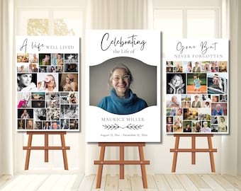 Pode incluir: Três cartazes de colagem de fotos brancas em cavaletes. Os cartazes são decorados com texto preto e imagens. O primeiro cartaz diz "Uma vida bem vivida" e apresenta uma colagem de fotos. O segundo cartaz diz "Celebrando a vida de Maurice Miller" e apresenta uma foto de uma mulher. O terceiro cartaz diz "Partiu, mas nunca esquecido" e apresenta uma colagem de fotos.