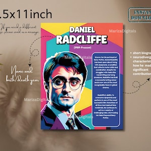 May include: A colorful 8.5x11 inch poster featuring Daniel Radcliffe. The poster includes the text "DANIEL RADCLIFFE (1989-Present)" and a short biography. The design incorporates vibrant colors and the words "Instant Download".