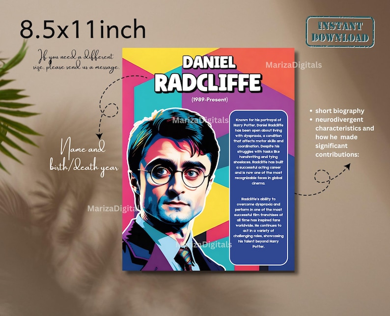May include: A colorful 8.5x11 inch poster featuring Daniel Radcliffe. The poster includes the text "DANIEL RADCLIFFE (1989-Present)" and a short biography. The design incorporates vibrant colors and the words "Instant Download".