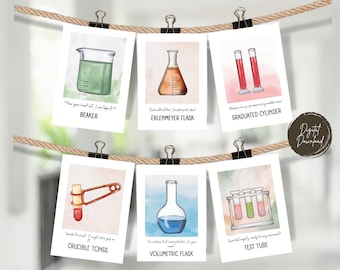 May include: Set of 6 watercolor illustrations of common laboratory glassware with funny captions. The illustrations include a beaker, Erlenmeyer flask, graduated cylinder, crucible tongs, volumetric flask, and test tubes.