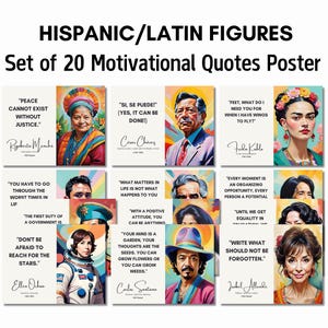 Printable Set of 20 Latin Hispanic Figures Printable Posters with Motivational Quotes – Pastel Theme for Hispanic Heritage Month Bulletin