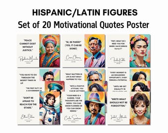 Printable Set of 20 Latin Hispanic Figures Printable Posters with Motivational Quotes – Pastel Theme for Hispanic Heritage Month Bulletin