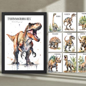Set von 10 druckbare Aquarell Dinosaurier Poster und Wandkunst für Kinder - Dekoration für Klassenzimmer und Kinderzimmer, sofortiger digitaler Download