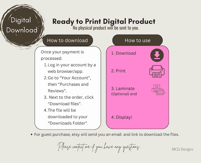May include: A digital download graphic with instructions. The image includes text that reads "Digital Download" and "Ready to Print Digital Product." Instructions are provided on how to download and use the product, including printing and laminating.