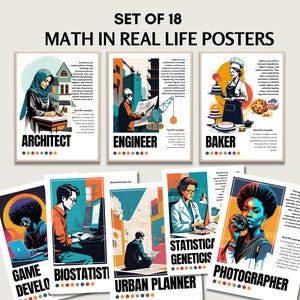 Set of 18 Printable Careers in Math and Math in Real Life Posters for Bulletin Boards, Math Classroom Decoration, Math Wall Art, Digital