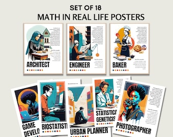 Set of 18 Printable Careers in Math and Math in Real Life Posters for Bulletin Boards, Math Classroom Decoration, Math Wall Art, Digital