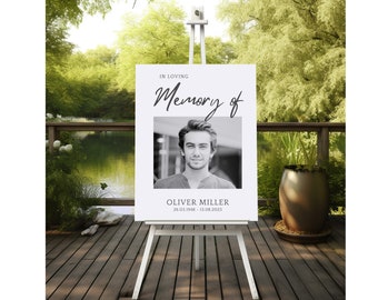 Könnte beinhalten: Ein schwarz-weißes Foto-Gedenkschild mit dem Text "In Loving Memory of" und einem Foto eines Mannes. Der Text "Oliver Miller 26.03.1988 - 13.08.2023" befindet sich unter dem Foto.